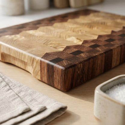 Deep sucupira wood grain beside pale ash on handmade end-grain cutting board