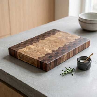 Dual pattern cutting board at angle showing two distinct end-grain sections