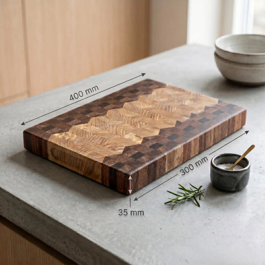 Ash and sucupira end-grain cutting board side profile showing 35mm thickness