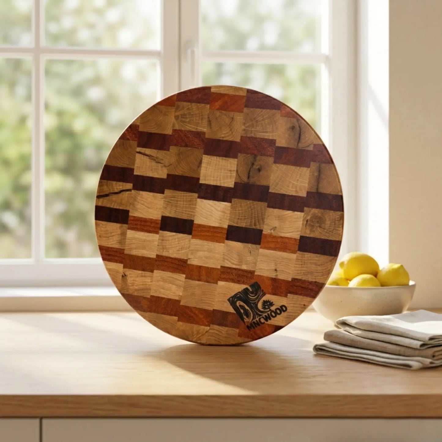 Solid wood butcher block 350 mm top down view showing the beautiful ash and sucupira brick pattern.