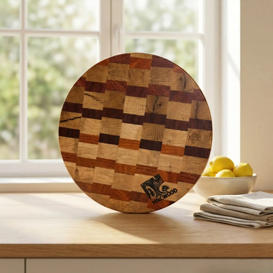 Solid wood butcher block 350 mm top down view showing the beautiful ash and sucupira brick pattern.