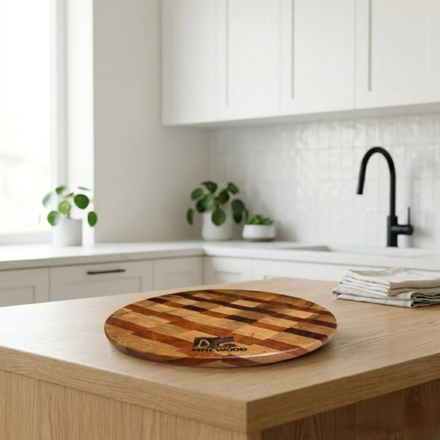 Handmade circular chopping board 13.8 inch angled view highlighting the 1.6 inch thickness and smooth edge.
