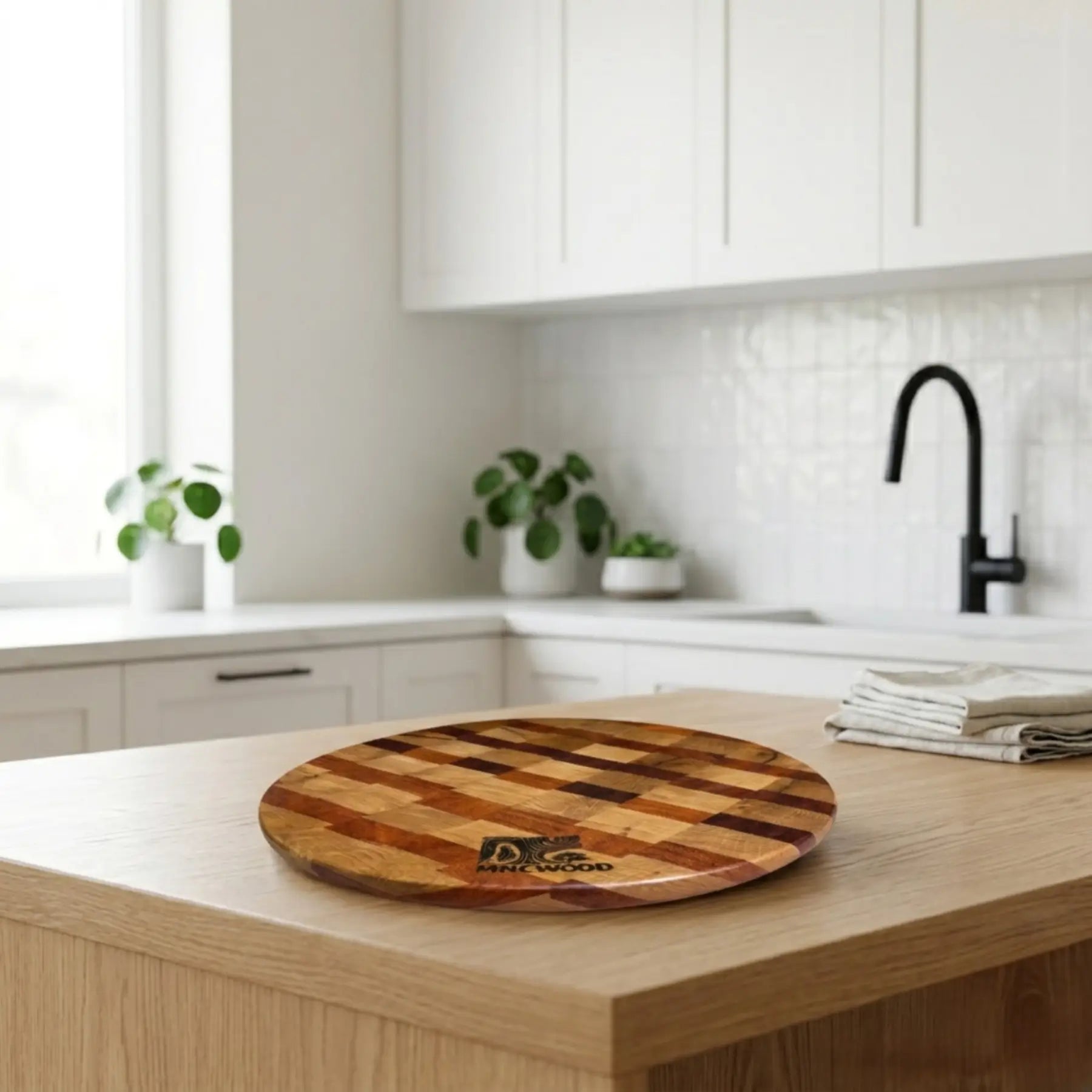 Handmade circular chopping board 13.8 inch angled view highlighting the 1.6 inch thickness and smooth edge.