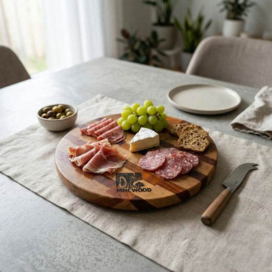 Premium round end grain cutting board 13.8 inch displayed on a bright kitchen counter by MNCWOOD.