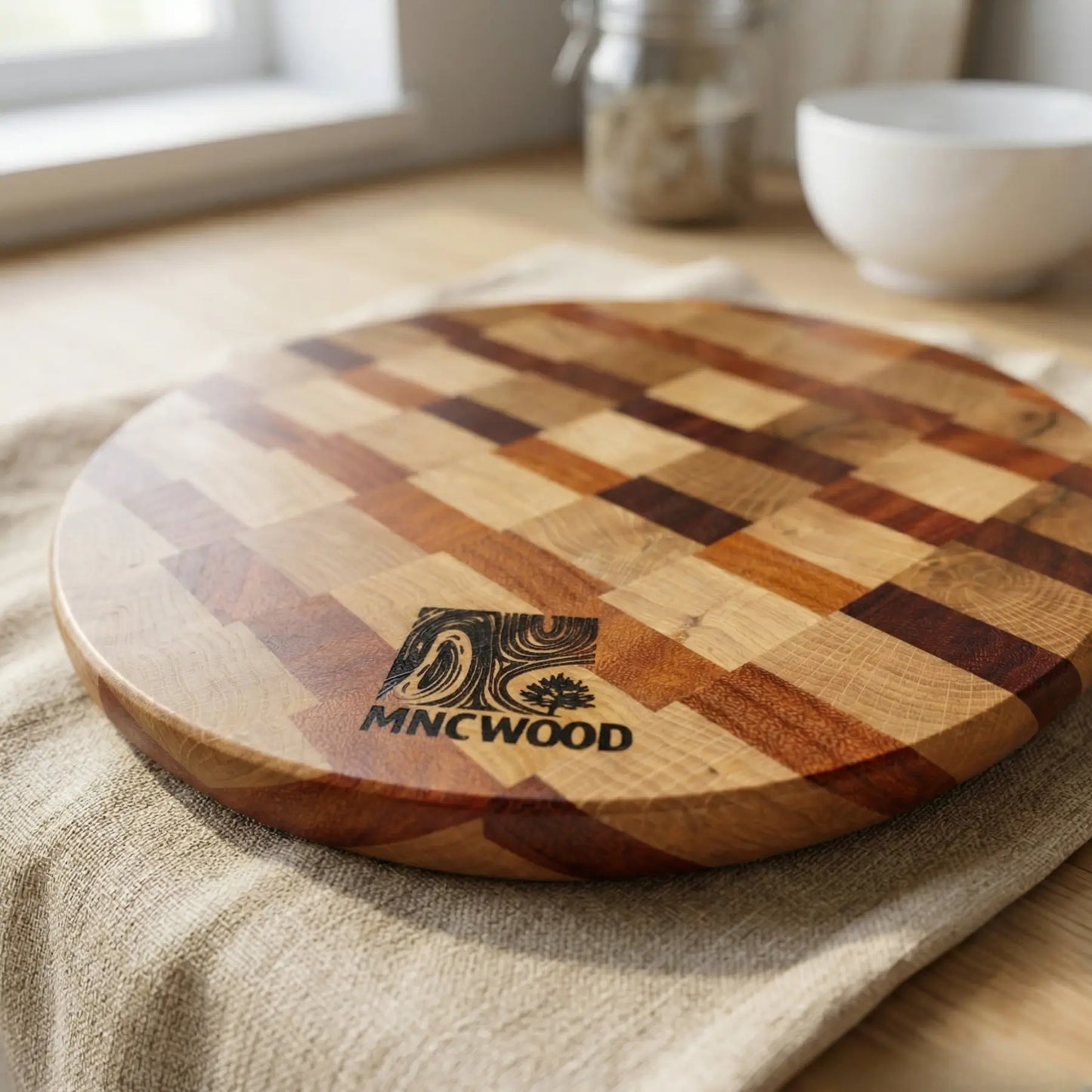 MNCWOOD round end grain chopping block 13.8 inch close up showing the dark chocolate brown wood texture.