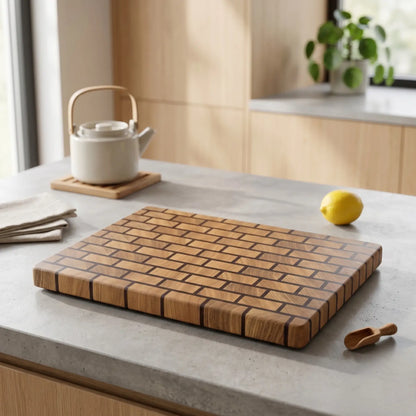 Thermo pine cutting board held in hand showing dimensions, MNCWOOD Poland
