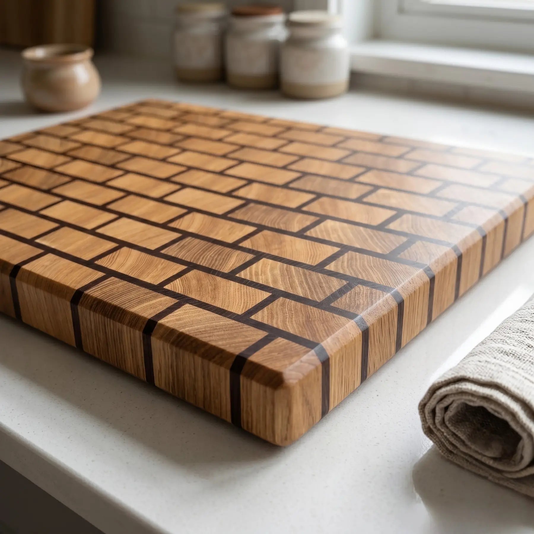 Handmade thermo butcher block at angle, end-grain construction visible