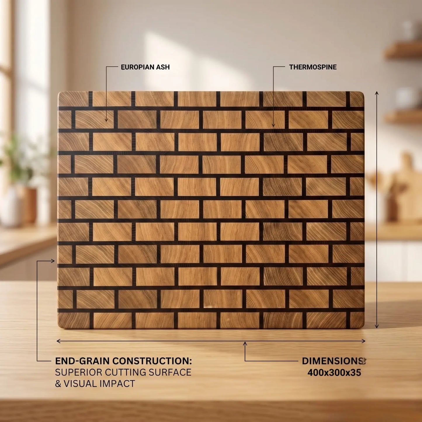 Thermo pine cutting board held in hand showing dimensions, MNCWOOD Poland