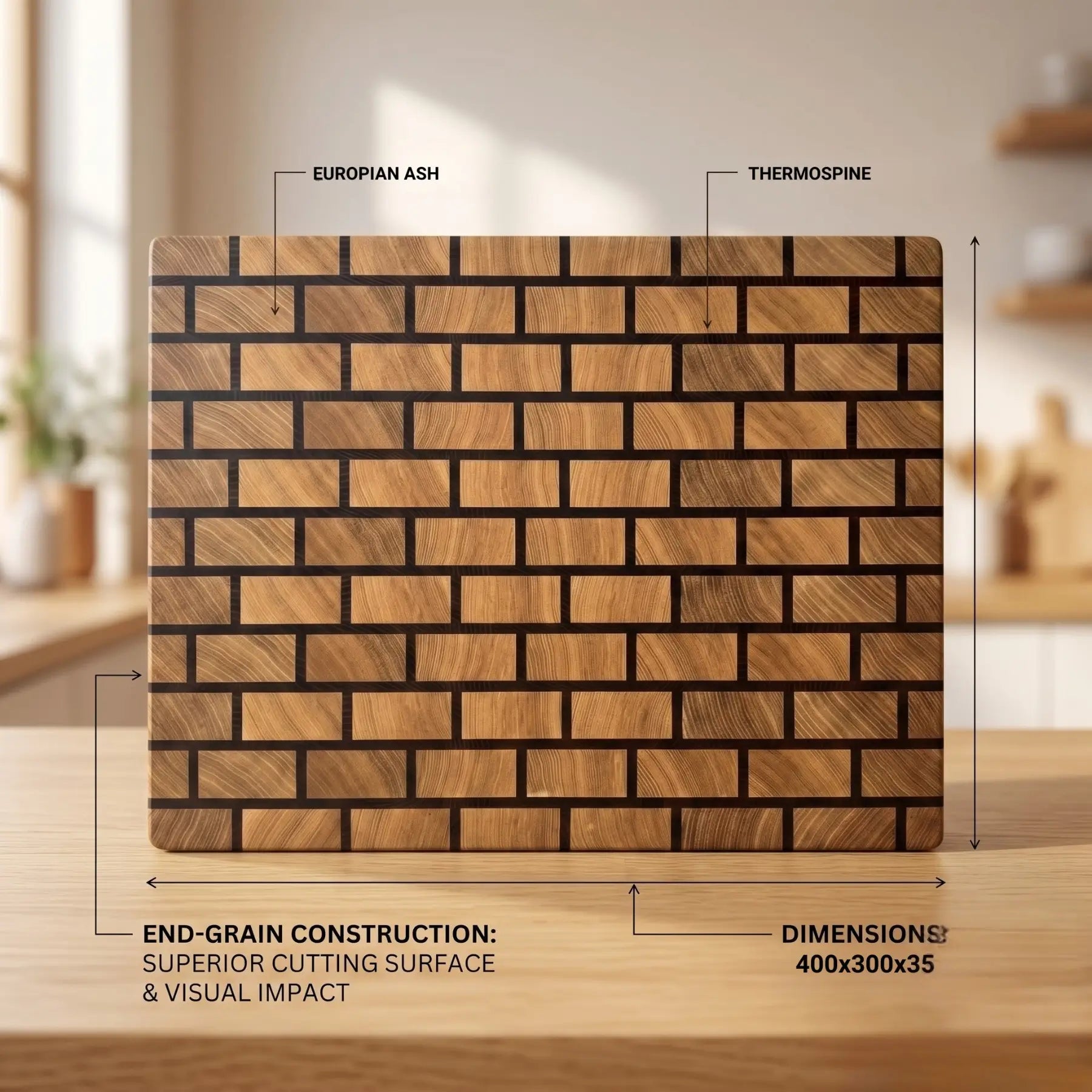 Thermo pine cutting board held in hand showing dimensions, MNCWOOD Poland