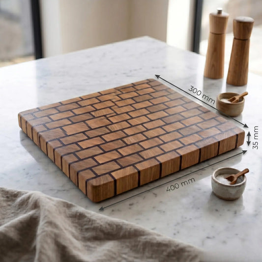 Thermo pine end-grain cutting board side profile showing 35mm thickness