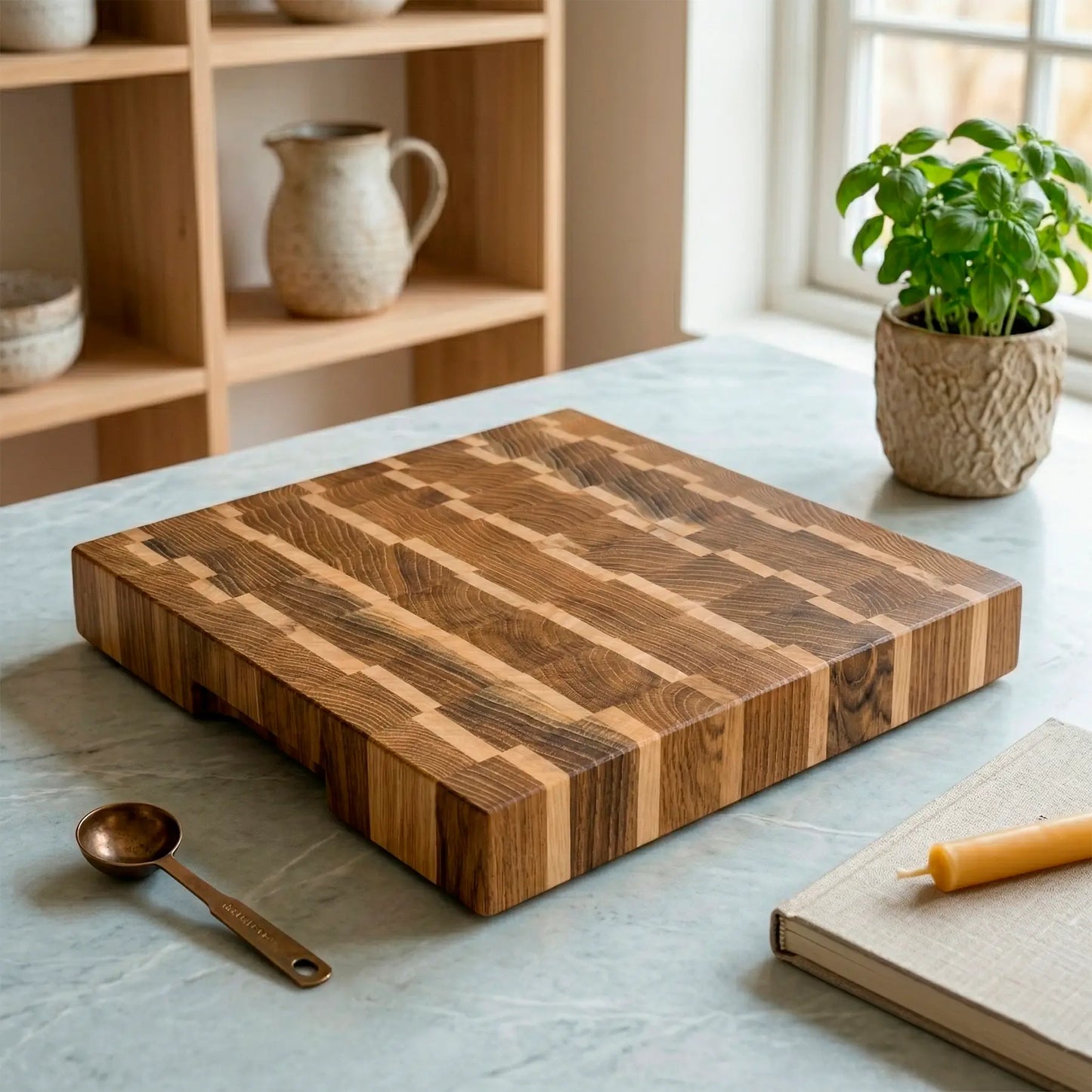 Two-tone handmade butcher block at angle, ash and maple construction