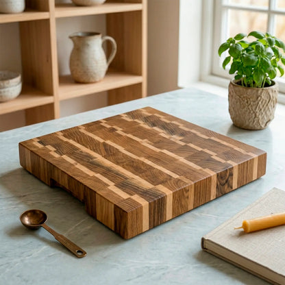 Two-tone handmade butcher block at angle, ash and maple construction