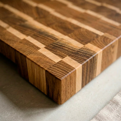 Close-up of two-tone ash and maple pattern on handmade end-grain board