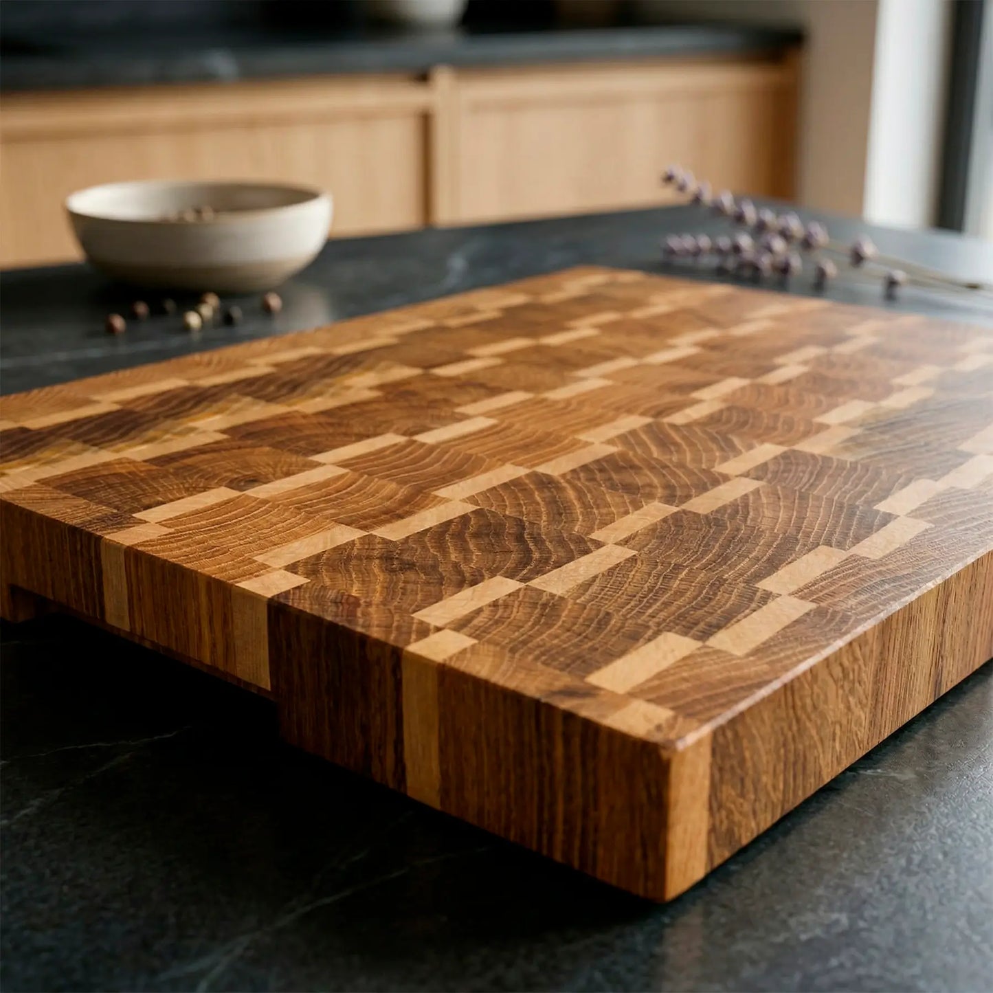 Large ash maple cutting board 430mm held in hand, shows generous size