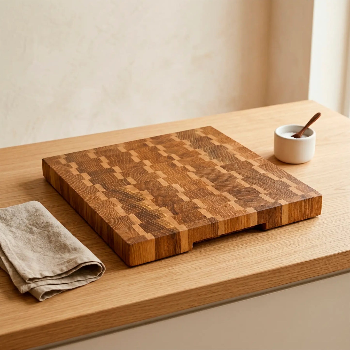 Ash open grain beside tight maple grain on handmade end-grain cutting board