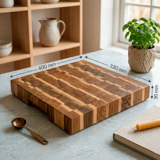 Ash and maple end-grain cutting board side profile showing 30mm thickness