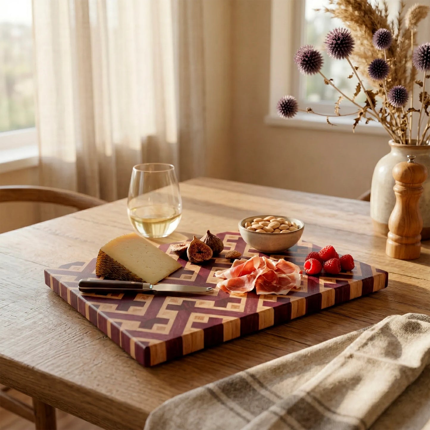 Purpleheart cutting board with labyrinth pattern, top view, MNCWOOD handmade