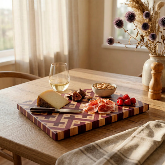 Purpleheart cutting board with labyrinth pattern, top view, MNCWOOD handmade