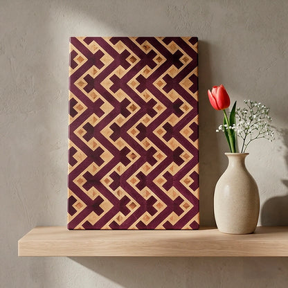 Handmade purple wood cutting board at angle, three-wood construction visible