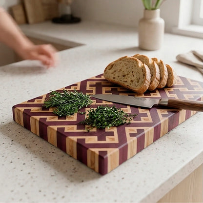 Heavy duty end grain butcher block with a complex geometric design in natural light.