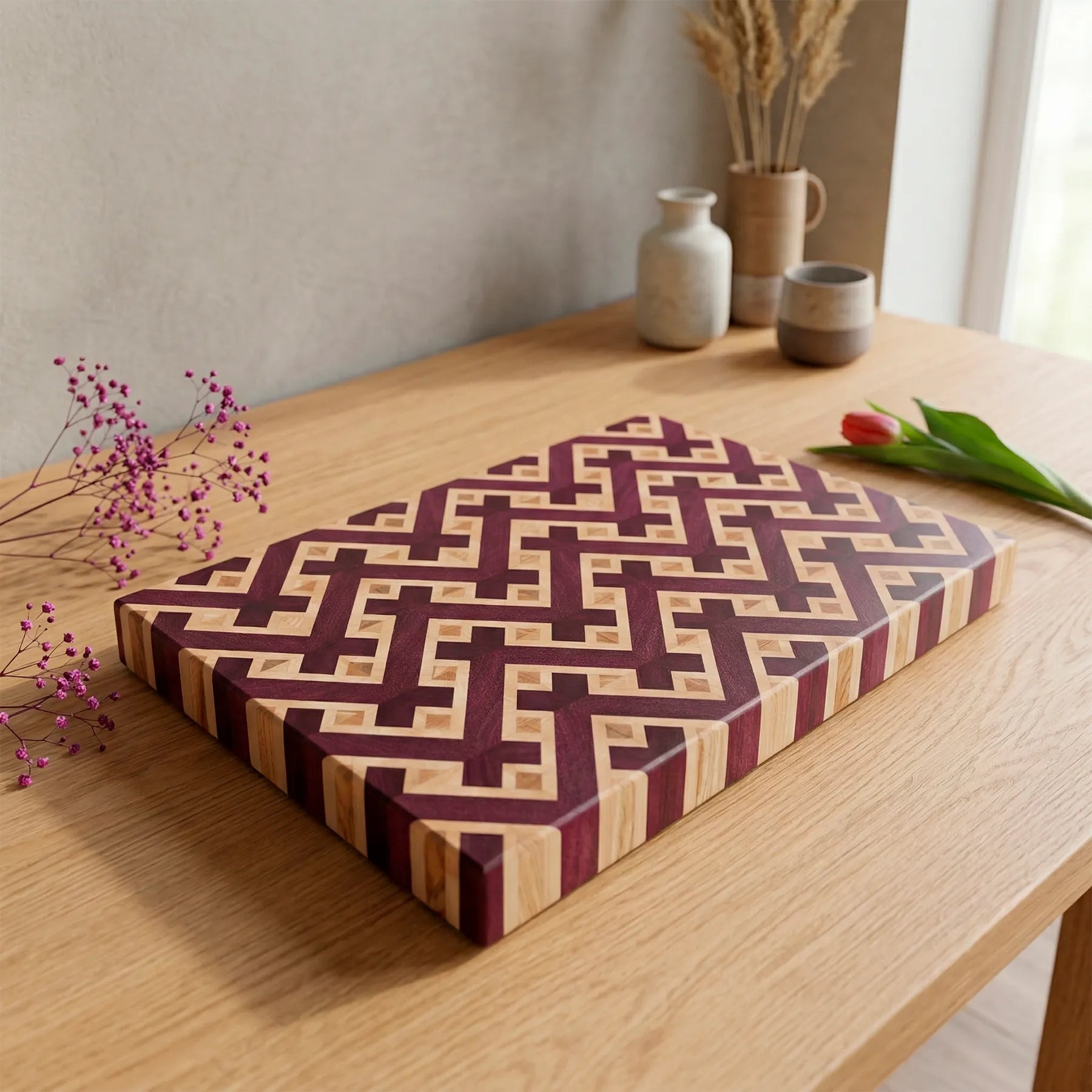 Luxury interlocking wood cutting board 16x12" styled on a light wood kitchen island.