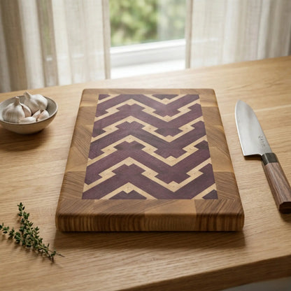 Chevron cutting board 265mm held in hand showing compact size