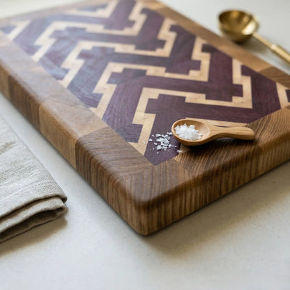 Close-up of chevron pattern in purpleheart on handmade end-grain board