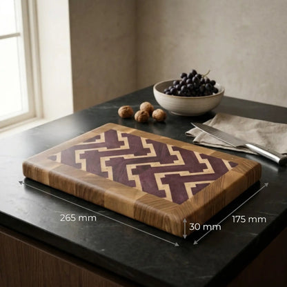 Small purpleheart end-grain cutting board side profile showing 30mm thickness