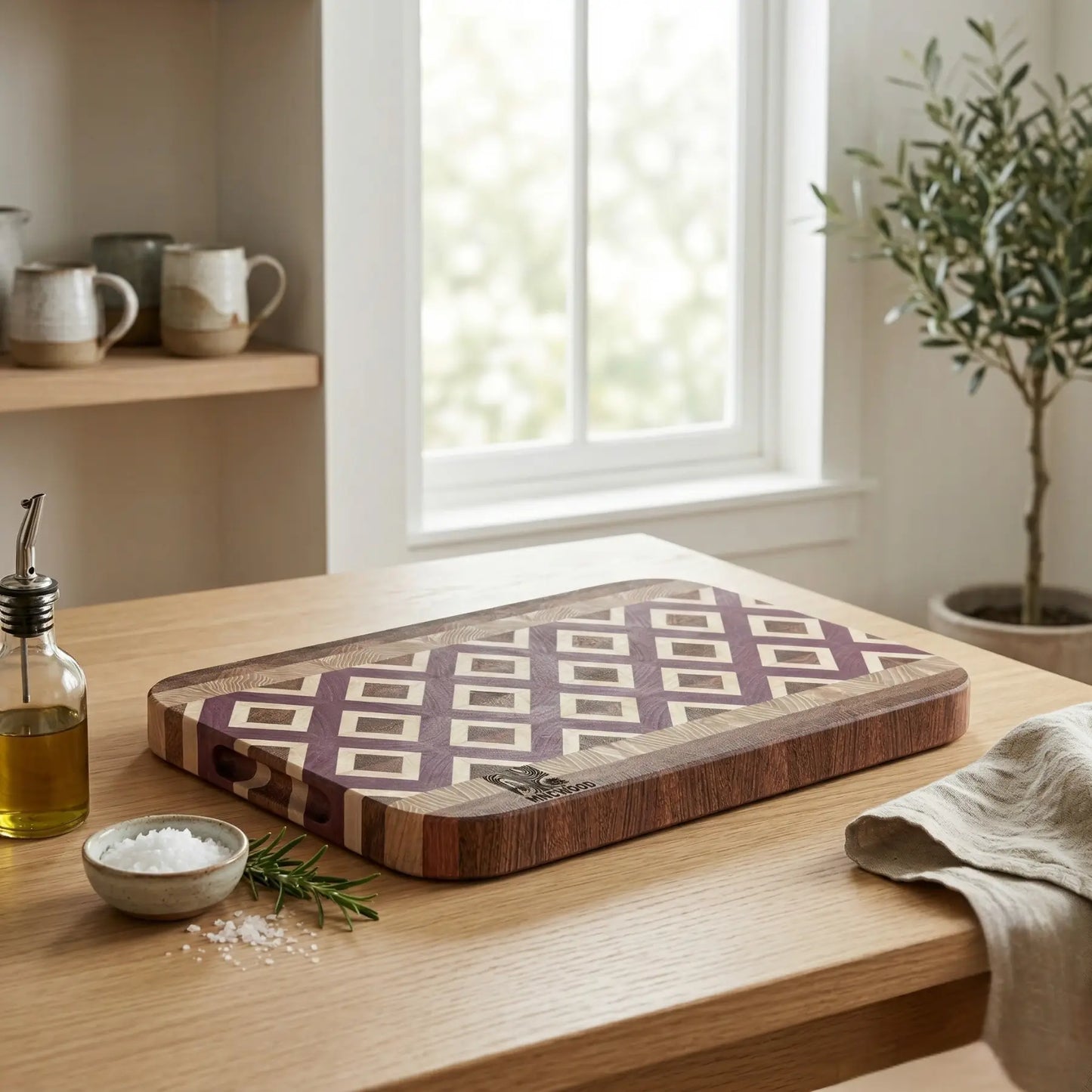 Handmade 50x31cm professional wooden chopping board with four contrasting hardwoods.