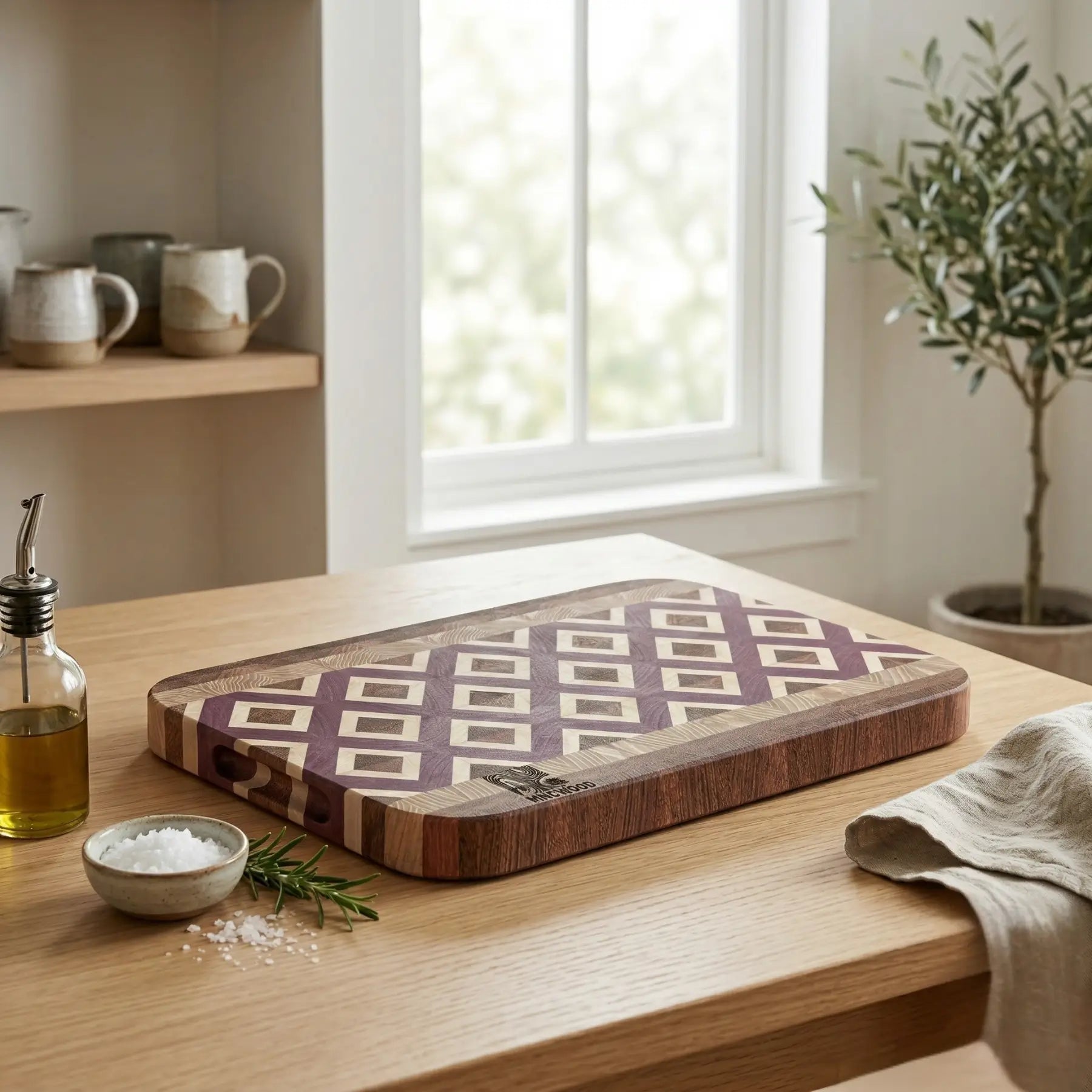 Handmade 50x31cm professional wooden chopping board with four contrasting hardwoods.