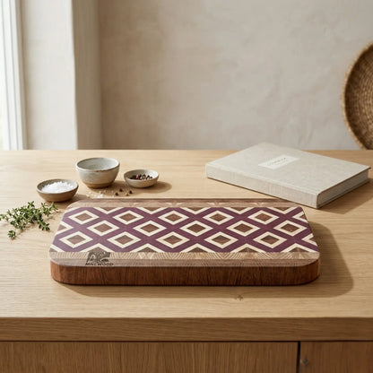 500x310mm premium wood butcher block displaying a 3D diamond pattern alongside fresh rosemary.