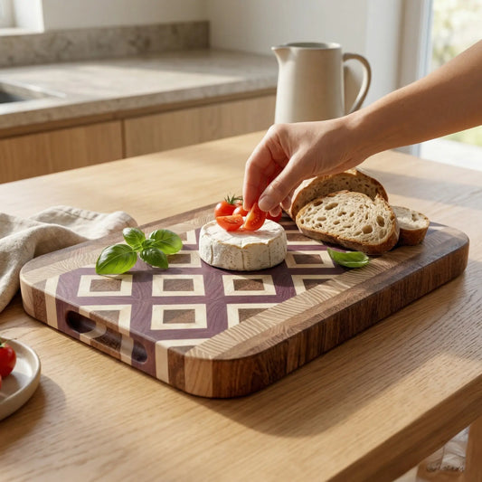 Large 19.7x12.2 inch end grain cutting board with diamond lattice pattern on a wooden kitchen island by MNCWOOD