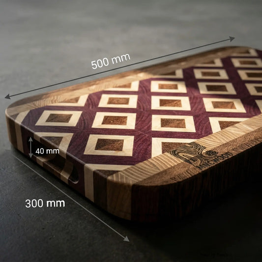 Premium handmade butcher block 19.7x12.2" featuring four hardwoods in a geometric diamond design