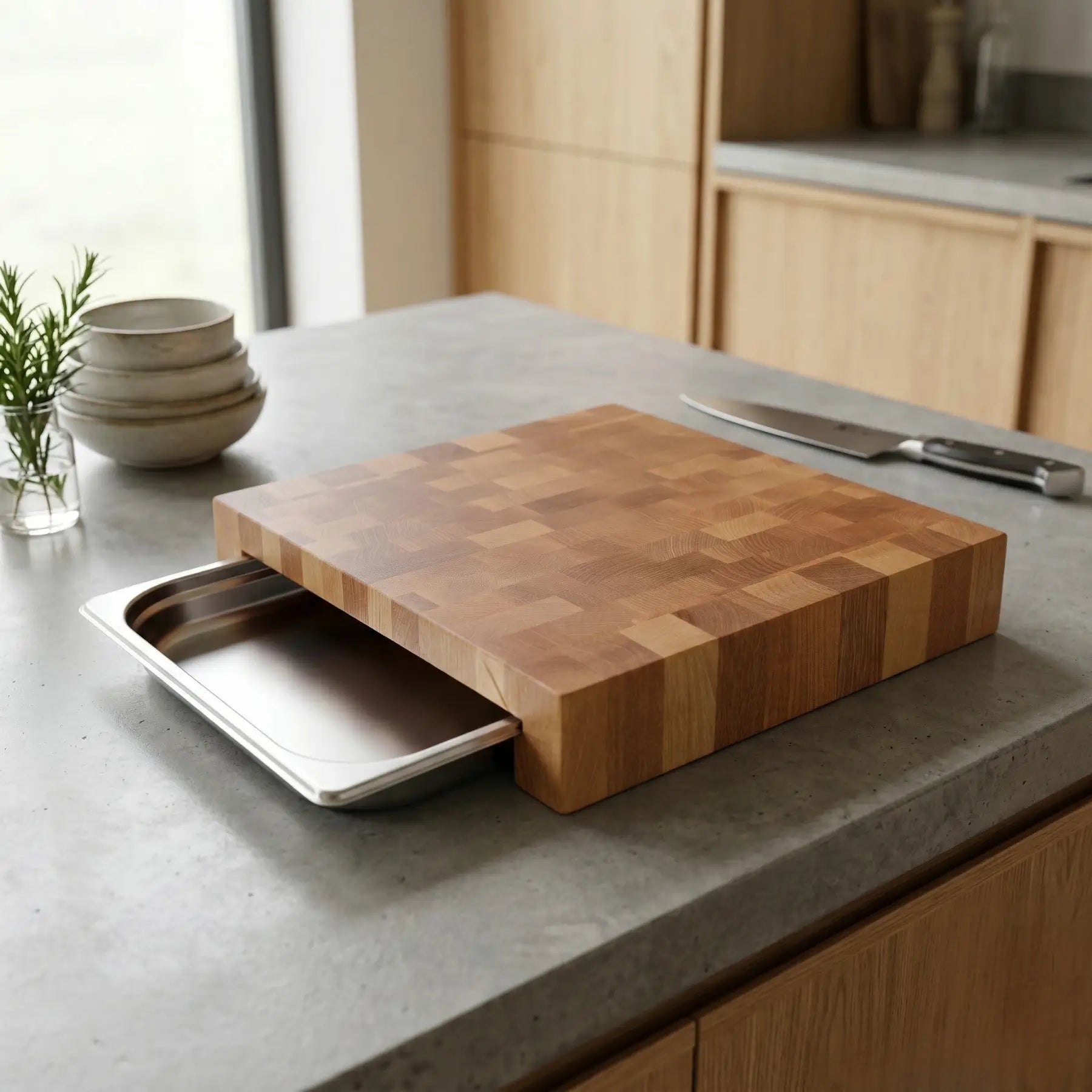 Cutting board with pull-out stainless steel tray, MNCWOOD Professional Series