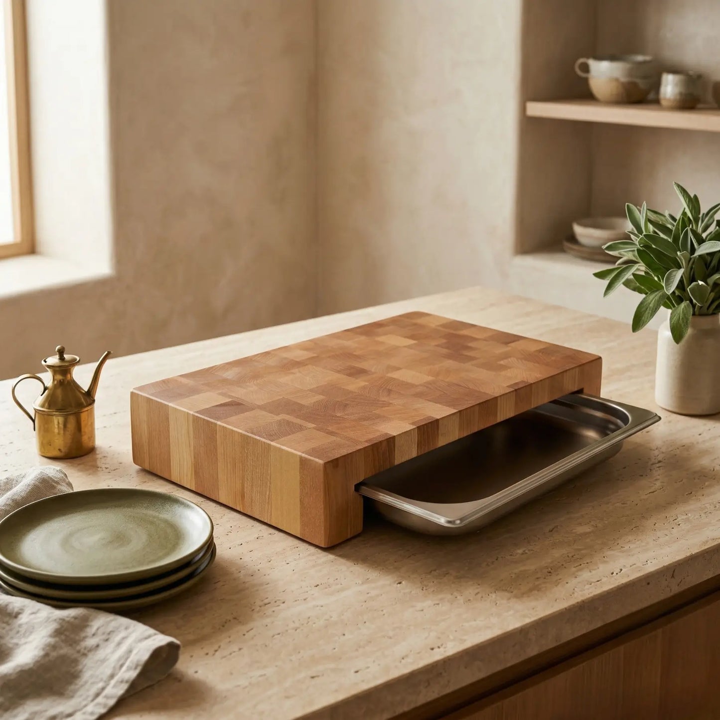 Handmade butcher block with tray 390mm held in hand for scale reference