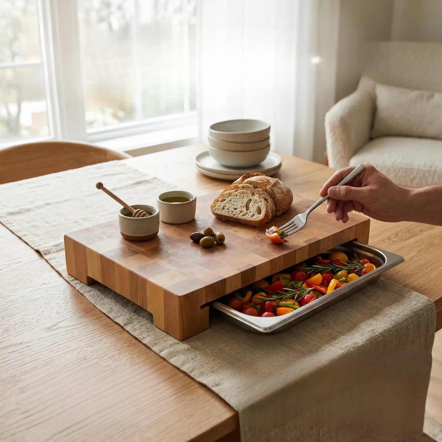Butcher block with tray for kitchen prep, top view, MNCWOOD handmade