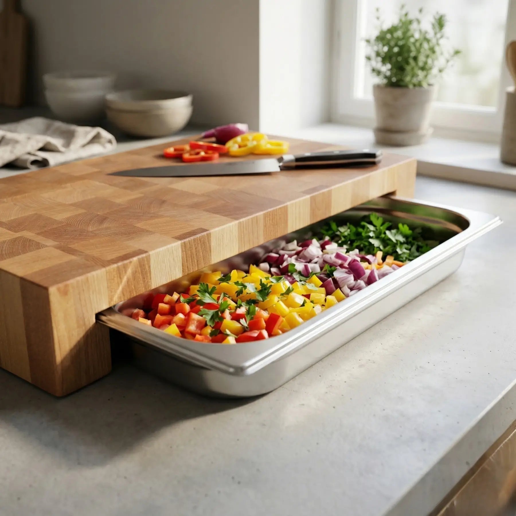 Close-up of pull-out steel tray on handmade butcher block cutting board