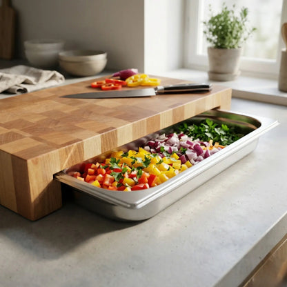 Close-up of pull-out steel tray on handmade butcher block cutting board