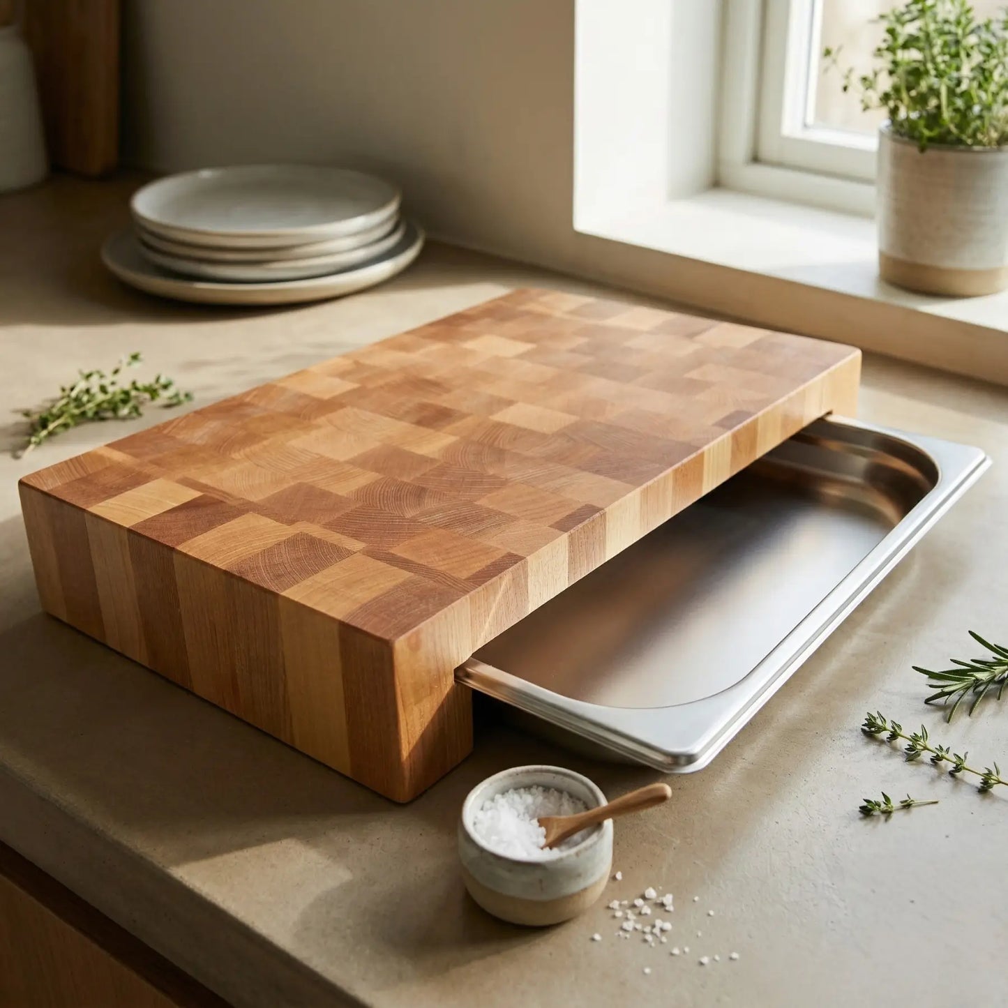 Butcher block with tray side profile showing 70mm thickness and tray mechanism