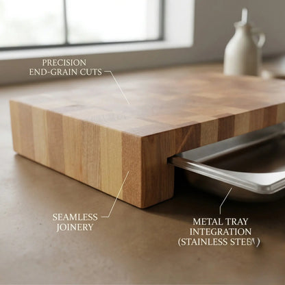 Professional cutting board with drawer at angle, end-grain construction visible