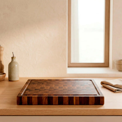 Deep juice groove detail on handmade oak cutting board, MNCWOOD