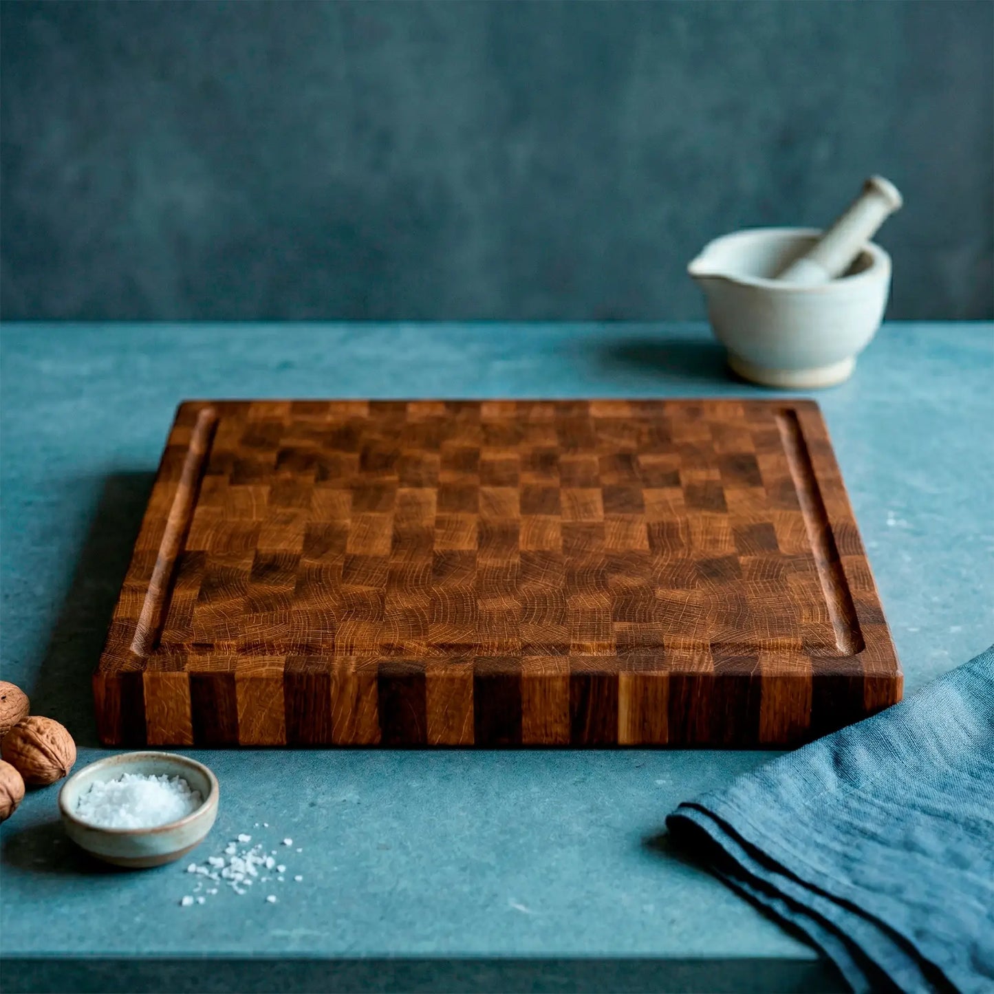 Close-up of European oak end-grain construction on handmade butcher block