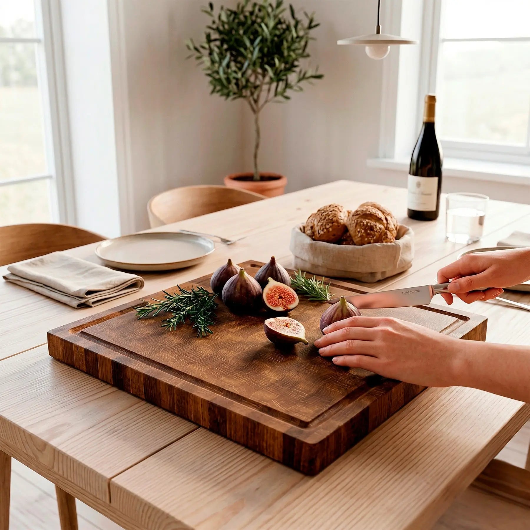 Handmade oak chopping board at angle showing end-grain construction