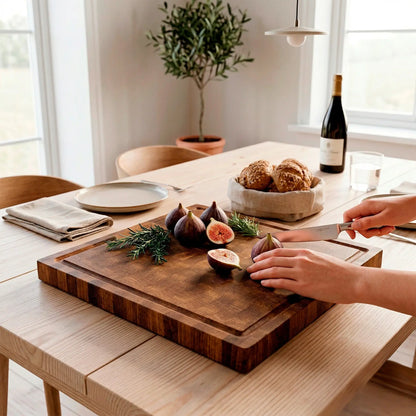 Handmade oak chopping board at angle showing end-grain construction