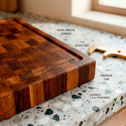 MNCWOOD handmade solid oak cutting board 400x300 mm close up showing the detailed wood grain and premium oiled finish.