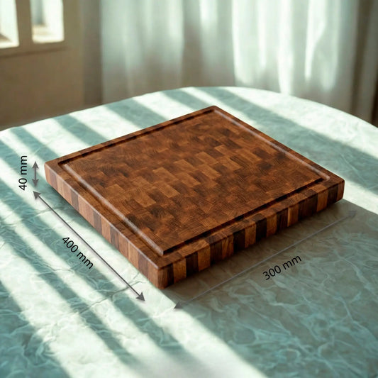 Solid oak end-grain butcher block side profile showing 40mm thickness