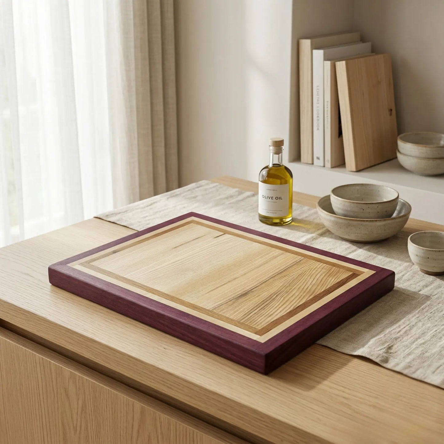 Close-up of purple frame border on handmade four-wood cutting board