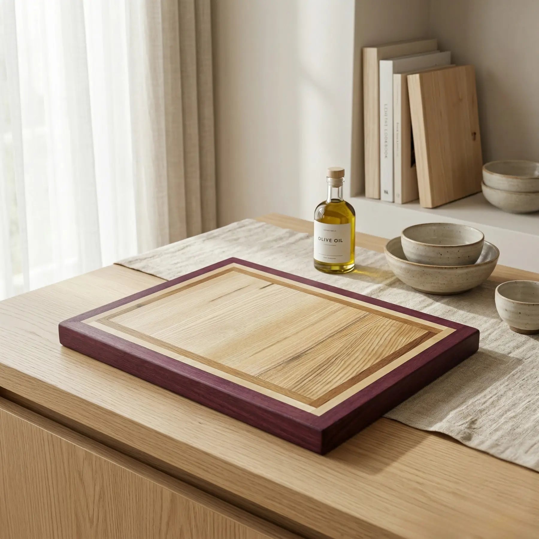 Close-up of purple frame border on handmade four-wood cutting board