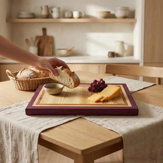 Purpleheart frame cutting board with 4-wood inlay, top view, MNCWOOD handmade