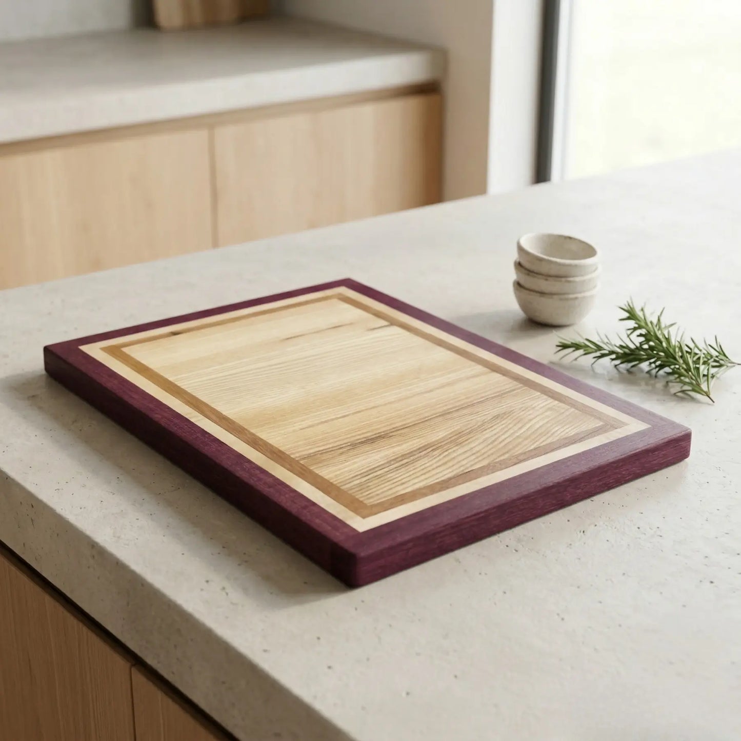 Four-wood handmade butcher block at angle, framed construction visible
